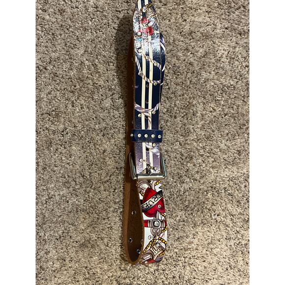 Ed Hardy True Love Belt White Stripes Rhinestone Medium Vintage Y2K - Picture 9 of 9